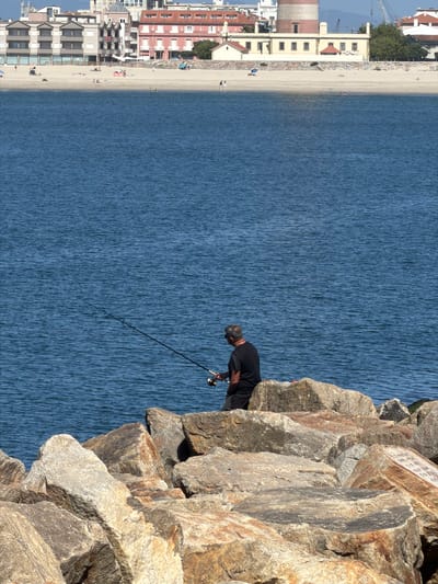 The image captures a scenic view of the coastline at Gafanha da Nazaré, Portugal. In the foreground, large, rugged rocks form a breakwater, upon which a man is fishing. He is wearing a black t-shirt and shorts, holding a fishing rod, and looking out at the water. The sea is a deep blue, with gentle ripples. In the middle ground, a sandy beach is visible, with a few people relaxing and sunbathing. Beyond the beach, a row of buildings lines the promenade, including a distinctive lighthouse with a red and white striped tower. The architecture suggests a coastal town, with residential and commercial structures. The sky is a pale blue, indicating a clear, sunny day. The overall impression is one of a peaceful day at the beach, with a blend of natural beauty and urban development.