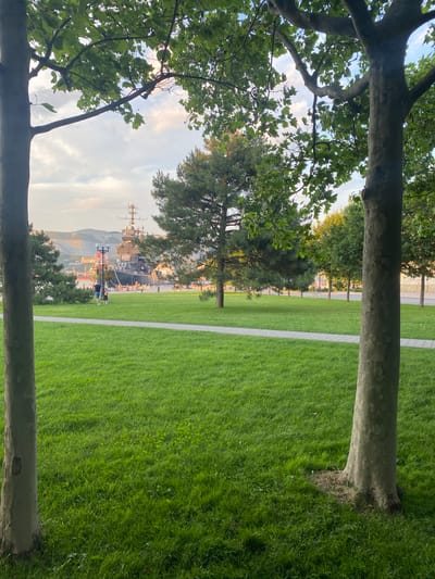 The image depicts a park area in Novorossiysk, Russia, with a prominent warship docked in the background. In the foreground, two large trees with rough bark frame the scene, their leaves obscuring parts of the sky. A well-maintained green lawn stretches out, bisected by a gray paved walkway. In the mid-ground, several people are visible on the lawn, some walking and others gathered near a lamppost decorated with a red and white pattern. The warship, a large vessel with multiple decks and a prominent superstructure, is the focal point beyond the park. Behind the ship, a hilly landscape with some structures can be seen. The sky is partly cloudy, with a soft, diffused light suggesting it is late afternoon or early evening. The overall impression is one of a public space offering a view of both nature and historical naval presence.