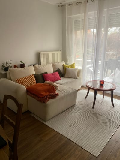 The image displays an interior view of a residential living room in Lille, France. A large L-shaped sectional sofa, upholstered in light beige corduroy fabric, occupies the left and central areas of the room. It is accessorized with various throw pillows, including light beige, bright yellow, dark olive green, a hot pink pillow with a swirling geometric pattern, and an orange pillow with white stripes. A textured orange-red blanket is draped over the chaise lounge section of the sofa, beneath which a light brown cat is resting.

Behind the sofa, a white panel radiator is mounted on a plain light-colored wall. Further left, a small white wall-mounted shelf holds three potted plants and an amber-colored jar. The right side of the room features a large glass sliding door or window unit, covered by translucent white sheer curtains. Through these curtains, indistinct shapes of outdoor patio furniture and sparse vegetation, indicative of a balcony or garden area, are visible.

In the foreground, a light-colored rectangular rug with an embossed pattern of concentric semi-circles is positioned on dark brown wooden floorboards. Centered on this rug is an oval coffee table with dark reddish-brown wooden legs and a red-rimmed reflective top. A single red candle in a glass holder is lit on the tabletop, emitting a soft glow. A partial view of a dark wooden chair's backrest is visible in the bottom-left corner. The room is illuminated by diffused natural light entering through the window.