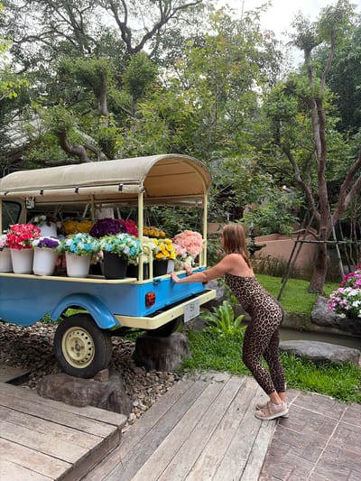 A woman wearing a leopard-print outfit and sneakers is pushing a light blue, vintage-style truck filled with colorful artificial flowers. The truck has a tan canopy. She is positioned on a wooden walkway, with her hands on the rear of the truck. The truck is parked on a bed of grey pebbles, with a large rock supporting one of its wheels. In the background, there are lush green trees and foliage, with a small water feature visible. The scene appears to be an outdoor garden or park setting, possibly a flower market. The location is identified as Mae Rim, Thailand.