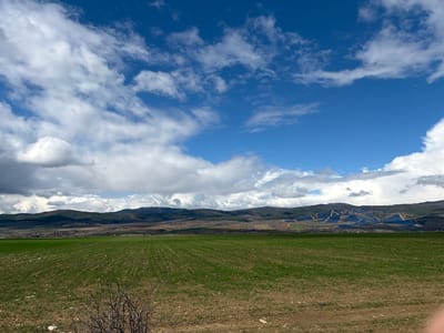 The image depicts a rural landscape in Kraynitsi, Bulgaria, under a sky filled with a mix of white clouds and blue patches. A large, open field, transitioning from green sprouts to brown soil in the foreground, extends toward a distant line of hills and mountains. On one of the hills, a sprawling solar panel installation is visible. A small, leafless bush is present in the bottom-left corner of the frame.