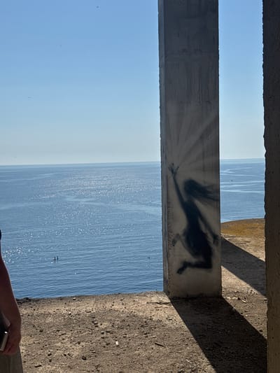 The image captures a view of the Adriatic Sea from a partially constructed concrete structure in Perazića Do, Montenegro. In the foreground, a weathered concrete pillar dominates the right side of the frame, bearing a stencil of a silhouetted figure reaching upwards, with rays emanating from its outstretched arm. The pillar casts a long shadow across the rough, gravelly ground. To the left of the pillar, a section of a person's arm and shoulder, clad in a grey garment, is visible, holding a small, rectangular object.
The midground features the expansive, calm blue sea, its surface shimmering with sunlight. A few small boats are visible on the water, along with what appear to be birds in flight against the clear blue sky. The horizon line where the sea meets the sky is distinct. The overall impression is one of an abandoned or unfinished construction site offering a dramatic vista of the coastal landscape.