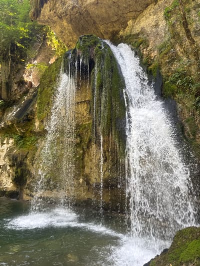 The image shows a waterfall cascading down a moss-covered rocky cliff face in Saint-Claude, France. The water is white and foamy as it plunges into a clear pool below. Sunlight filters through the trees and illuminates the scene, creating a dappled effect on the rocks and water. The overall impression is one of natural beauty and tranquility. There are no people or animals visible in the image. The scene appears to be a natural formation within a forested area, possibly a popular tourist spot given the well-maintained appearance.