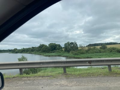 The image, taken from a moving vehicle in the Драчкаўскі сельскі Савет, Belarus, captures a view of a tranquil lake bordered by dense green foliage and trees under a cloudy sky. A grey metal guardrail runs horizontally across the foreground, separating the road from the natural landscape. The lake, with its calm surface reflecting the overcast sky, is fringed by a thick band of green reeds and grasses, leading to a mix of deciduous and coniferous trees that form a dense forest in the background. The overall atmosphere is serene and natural, with the overcast conditions suggesting a mild or overcast day. The road surface in the immediate foreground appears to be asphalt or gravel, consistent with a rural or semi-rural setting. No people are visible in the scene.