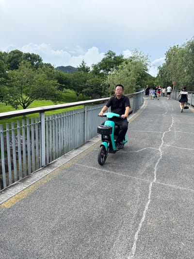 A man in a black polo shirt and black pants rides a teal electric scooter forward on a paved pedestrian path in Lin'an District, China. He is wearing glasses and looking ahead. The path is bordered on the left by a metal railing and a grassy slope with trees. To the right of the path, other people are walking, including a child in a blue shirt and yellow shorts. Trees and foliage line the sides of the path, with a cloudy sky overhead. The pavement has a light gray speckled texture with white lines marking the path.