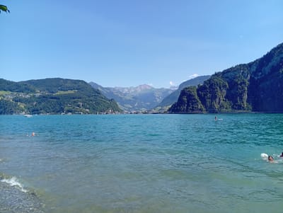 This is a wide-angle, full-shot, daytime, eye-level photograph of a clear, blue sky over a calm, turquoise lake. In the foreground, the shallow water near the pebbled shore is clear enough to see the bottom. The midground of the lake shows several people swimming. On the left, a person is partially submerged in the water, with their head visible. Further to the right, another person is swimming. In the far right of the midground, two people are swimming, with one's head clearly visible and the other partially obscured. A person is also visible on a paddleboard in the background. The background features a town with buildings nestled at the base of lush green mountains. A white boat is visible on the far left side of the lake. The mountains continue to recede into the distance, with visible snow-capped peaks further back. The scene is indicative of a recreational area in or near Hergiswil, Switzerland, likely on Lake Lucerne.