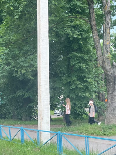The image captures two individuals standing outdoors amongst lush green trees. The individuals appear to be women, one with long blonde hair visible, wearing a light-colored top and dark pants, and the other woman is mostly obscured by the foliage but seems to be wearing a similar outfit. They are positioned on a grassy area next to a paved path, with a blue metal fence bordering the path. A large, rough-textured concrete beam runs horizontally across the foreground, partially obscuring the scene behind it. In the background, a white vehicle is visible through the trees. The lighting suggests it is daytime, possibly overcast or dappled shade from the trees. The setting appears to be a park or a natural area within a developed location, given the presence of the path, fence, and vehicle. The overall mood is neutral, with no strong emotional cues conveyed. There is a small orange object visible high in the trees, which might be signage. No other text is discernible in the image.