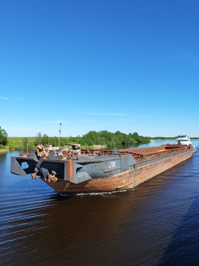 This clear, well-lit image depicts a long cargo vessel, likely a barge and pusher tug combination, navigating a calm river or canal under a bright, cloudless blue sky. The scene is set on a sunny day, with verdant green trees and dense foliage lining the distant banks of the waterway, suggesting a natural or semi-natural environment in Kargulino, Russia.
The primary subject is a large, flat-bottomed barge with a heavily rusted, reddish-brown hull, contrasting with dark grey sections on its upper structures and bow. The bow features a distinctive, robust configuration with heavy-duty metal fixtures and structural elements, possibly designed for connecting to other barges or for pushing. Visible on the port side of the barge's hull is the identification number "N 7916" in white lettering. Closer to the bow, another marking, "C3-02-76", can be seen. The barge appears to be riding high in the water, suggesting it is either empty or carrying a light load of bulk cargo, which is visible as a reddish-brown material inside the cargo hold.
Behind the barge, the white superstructure of a tugboat or pusher vessel is visible, actively propelling the barge. The vessel is in motion, generating a noticeable wake and ripples across the dark blue-brown water. The water surface reflects the bright sky and the surrounding greenery. The overall impression is one of peaceful transit on an inland waterway, highlighting the functional nature of the vessel against a serene natural backdrop.