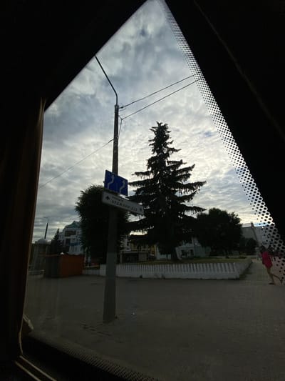 This media file, taken in Mahilyow, Belarus, depicts a view through a car windshield on an overcast day. The dominant subject is a silhouetted evergreen tree, its spiky branches stark against a cloudy sky. The sky is filled with textured, wispy clouds, suggesting a day with variable weather.
A utility pole stands to the left of the tree, with wires stretching across the frame. Attached to the pole is a street sign with text in Cyrillic script, reading "ПЛОЩА АРДЖАНІКІДЗЕ," which translates to "Ordzhonikidze Square." Below this, a blue road sign with white arrows indicates a route or direction.
In the background, beyond the tree and sign, a building with white fencing is visible, along with hints of other structures and trees. To the far right, a person in a pink top and dark bottoms is walking on a paved surface. The overall impression is a snapshot of an ordinary day in a Belarusian city, with the natural element of the tree contrasting with the man-made environment of the street and signage. The time of day appears to be daytime, given the illumination.