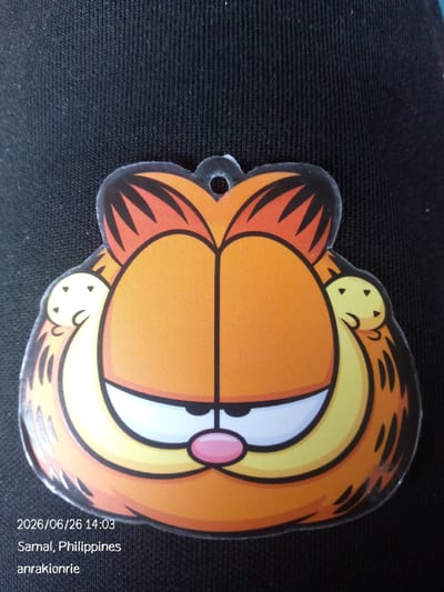 The image displays a Garfield the cat sticker, rendered in its signature orange and black color scheme, with a disgruntled facial expression. The sticker has a circular hole at the top, suggesting it might be used as a keychain or ornament. The sticker is placed on a dark, textured fabric, possibly clothing or a bag. In the bottom left corner of the image, text is overlaid, indicating the date and time as "2026/06/26 14:03," the location as "Samal, Philippines," and a username or identifier as "anrakionrie." The lighting appears to be natural, casting subtle shadows on the fabric and highlighting the glossy surface of the sticker.