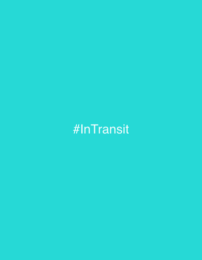 The image is a digital graphic with a solid cyan background. Centered horizontally and vertically, in white sans-serif font, is the hashtag "#InTransit". There are no people, objects, or any environmental details visible in the image, and it does not depict the city of Gusinje, Montenegro.