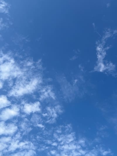 A clear, bright blue sky dominates the frame, dotted with scattered, wispy white clouds. The clouds are thin and translucent, with some appearing as streaks and others as small, fluffy formations. The image appears to be taken from an outdoor location, likely in Golubitskaya, Russia, looking upwards. No people, objects, or actions are visible in the scene. The environment is characterized solely by the sky and clouds.