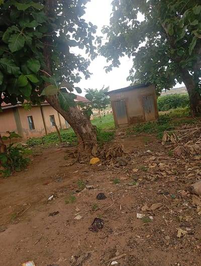 A low-angle, outdoor, full shot depicts a rundown toilet facility with two doors, one labeled "MEN MAZA" and the other "WOMEN MATA," situated in a dusty, littered area. The corrugated metal doors are slightly ajar. The building's exterior is a dull, weathered concrete. To the left, a two-story building with a reddish-orange roof and light brown walls, featuring two small, blue-framed windows, is visible. The ground is covered in dry leaves, dirt, and scattered trash, including plastic bags and wrappers. A large tree with thick, brown bark and lush green leaves dominates the foreground and middle ground, its branches extending across the top of the frame. In the background, a field of green vegetation and more trees is visible, with a hazy sky above. The scene suggests an area in Dutsen Alhaji, Nigeria, likely a public space or community area, characterized by its informal construction and neglected state.