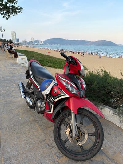 This image shows a red and black motorcycle parked on a paved walkway near a beach. The beach is crowded with people, and the ocean stretches out to the horizon with a mountain range in the background. The sky is clear and a light blue, suggesting it is daytime, likely late afternoon or early evening given the quality of light. The walkway is made of large, grey stone tiles. To the right of the motorcycle, there is a green bush. In the foreground, part of a tree is visible on the left side of the frame, and further down the walkway, a few people are sitting on a low wall. The scene appears to be a public area, possibly a promenade or park by the sea.
The motorcycle has a Yamaha logo on its side. A blue and white helmet or storage bag is attached to the seat. The motorcycle's rear wheel and brake disc are clearly visible.
Text visible on the blue and white item: "LION", "100% PURE", and "DAP CAP B..." and ".COM".