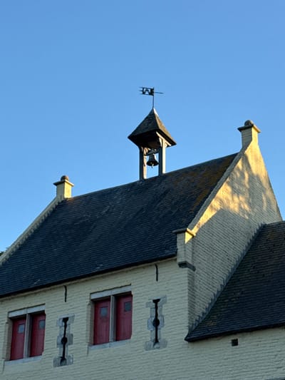 The image shows a low-angle view of a building's facade and roof against a clear blue sky. The building appears to be made of light-colored stone or stucco and features several windows with red shutters and decorative stone surrounds. The roof is covered in dark gray tiles and has a distinct architectural style with sharp angles and protruding decorative elements. At the apex of one roof section, there is a small bell tower with a weather vane. The sun is casting strong shadows on the roof, suggesting it is either morning or late afternoon. The scene is static, with no people or animals visible, and the overall impression is one of quiet architectural grandeur. The location context of Bruges, Belgium, suggests a historic European setting, possibly a church, guild hall, or other public building.