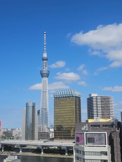 A daytime, eye-level, vertical outdoor photograph captures a wide view of the Tokyo Skytree and surrounding cityscape in Taito, Japan. The Tokyo Skytree, a prominent lattice tower, dominates the center of the frame, its white structure stark against a bright blue sky dotted with fluffy white clouds. To the right of the Skytree, a golden, rectangular skyscraper with a unique, patterned top stands out. Adjacent to it, a tall, white residential building with numerous balconies stretches upwards. In the foreground, a multi-lane highway bridge crosses a body of dark water, with cars visible on the bridge. Below the bridge, a walkway runs along the water's edge. The lower right corner of the image features the top of a building with two large digital billboards displaying Japanese text and images, likely advertisements or news updates. Several other buildings of varying heights and architectural styles fill the background, suggesting a densely populated urban environment. The lighting indicates it is daytime, likely late morning or early afternoon, with clear visibility and no discernible shadows from overhead. No individuals are clearly visible in the scene.