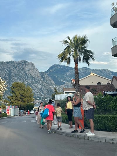 In Prčanj, Montenegro, a group of people stand on the sidewalk beside a street with a mountainous backdrop. A tall palm tree is situated behind the group. The sky above is partly cloudy. The people appear to be in casual attire, with some carrying shopping bags. The buildings in the background have terracotta roofs. The scene suggests a warm climate and a relaxed atmosphere.