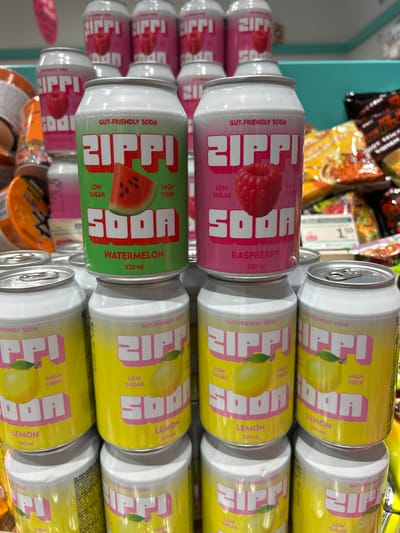 The image shows a close-up, eye-level, indoor shot of several cans of Zippi brand soda stacked on shelves in what appears to be a grocery store or convenience store. The cans are primarily in two flavors: watermelon and raspberry, distinguished by their can colors (green for watermelon, pink for raspberry) and corresponding fruit imagery. Several cans of a third flavor, lemon, are visible in the foreground and lower sections of the image, distinguished by their yellow cans and lemon imagery. The cans have white tops and silver pull tabs. In the background, other food products, including bags of chips and possibly more soda cans, are visible. The overall lighting suggests an indoor retail environment. The specific location in Matosinhos, Portugal, is not discernible from the visual information present in the image.