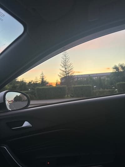 The image is taken from inside a car, looking out the side window. The scene depicts a street view in Petropavl, Kazakhstan, during sunset. A side-view mirror reflects traffic lights and buildings. In the foreground, the interior of the car is visible, including a door handle and a portion of the door panel. Outside the car, there are manicured hedges, trees, and a large building in the background. The sky is a blend of pale blue and soft orange hues, characteristic of a sunset. The overall impression is a calm, urban evening scene.