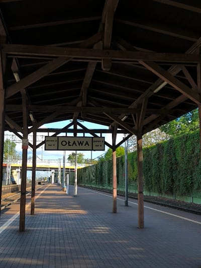 The image depicts an unoccupied train station platform in Oława, Poland. The scene is illuminated by strong, directional sunlight, casting distinct shadows across the platform, indicative of morning or late afternoon.
The primary subject is a dark brown wooden canopy structure covering a portion of the platform. The canopy features an exposed rafter system with multiple diagonal and horizontal beams, supported by thick, vertical wooden posts embedded directly into the platform surface. Several fluorescent light fixtures are mounted on the underside of the canopy.
Centered beneath the canopy, a white sign with black text reads "OŁAWA". To its left, the sign segment indicates "peron 2 tor 2" (platform 2 track 2), and to its right, "peron 2 tor 4" (platform 2 track 4).
The platform itself is paved with light reddish-brown rectangular interlocking pavers, appearing clean and well-maintained. Two sets of parallel railway tracks run adjacent to the platform, with gravel ballast visible between them.
To the left of the platform, an overhead catenary system is visible, along with the concrete and metal structure of an elevated bridge or overpass. A white "No Smoking" sign with a red border and diagonal line is partially visible on a structural beam near the tracks. Distant trees and further railway infrastructure are visible beyond the bridge.
To the right of the platform and tracks, a tall, dense green wall, composed of ivy or similar climbing vegetation, forms a barrier. Trees are visible above and beyond this green wall. The sky above is clear and light blue. No individuals are present on the platform or in the immediate vicinity.