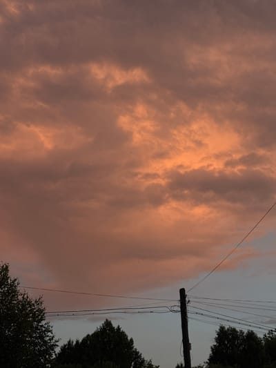 A dramatic sunset fills the sky, painting the clouds in hues of orange and deep purple. Silhouetted against this vibrant backdrop are dark green trees forming a dense line along the bottom of the frame. A wooden utility pole, leaning slightly to the right, stands prominently in the lower right quadrant, adorned with a complex network of wires. The scene appears to be an outdoor setting, possibly on the outskirts of a town or village, given the presence of both natural elements and man-made infrastructure. The overall atmosphere is serene and slightly melancholic, evoked by the fading light and the imposing presence of the utility pole. The location is stated to be in Большая Уса, Russia.