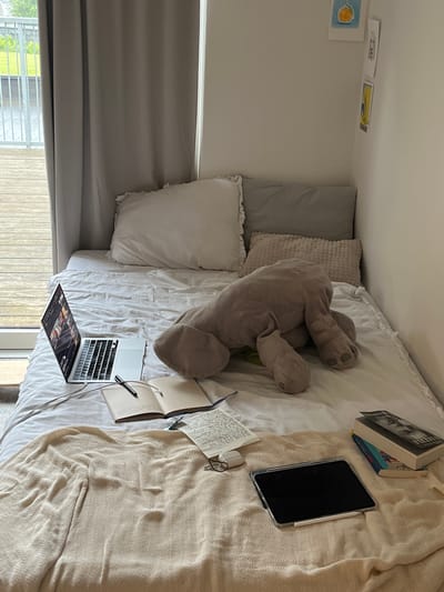 The image captures a cozy bedroom or dorm room, likely in Aarhus, Denmark, viewed from an elevated perspective, showing a bed prepared for study or relaxation. The bed is covered with a white duvet and a cream-colored, textured throw blanket.
Various objects are laid out on the bed. At the top right, two books are stacked, with the visible title "LITTLE FIRES EVERYWHERE." Adjacent to the books, a black tablet (likely an iPad) in a clear case has an Apple Pencil magnetically attached. Below these, an open notebook with handwritten text, a pair of glasses, and a white wireless earbud case (AirPods) are placed.
Further down the bed, a silver MacBook laptop is open, its screen displaying what appears to be a streaming service or website with multiple video thumbnails. A pen rests on another open notebook next to the laptop. A large, light grey stuffed elephant toy is curled up on the bed, positioned against a grey pillow and a smaller ribbed cream pillow at the head of the bed. Another large white pillow with ruffled edges is also present.
To the left of the bed, a light grey curtain partially obscures a window. Through the window, green grass and a modern wooden-clad building or decking are visible outdoors. On the white wall above the bed, three small pieces of art are displayed. One features a yellow design with the text "YAMAKA" partially discernible, while the others are illustrative.
The scene suggests a comfortable, daytime setting, possibly for studying, reading, or leisure activities, with natural light illuminating the space.