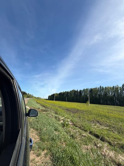 The image is taken from inside a vehicle, likely a car, showing the exterior view through the driver's side window. A blue sky with light clouds fills much of the left side of the frame. On the right, a grassy field with a treeline in the distance is visible. Parts of the car's body, including the side mirror and roofline, are in the lower portion of the image. The angle of the shot suggests the car is in motion. The location may be near Буль-Кайпаново, Russia, but this cannot be confirmed from visual evidence alone.