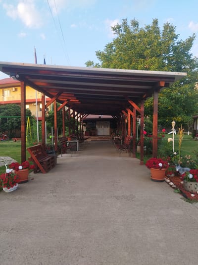 This media file captures an outdoor scene in Bucharest, Romania, likely in the late afternoon or early evening, given the warm, golden light illuminating the wooden pergola and casting long shadows. The sky is a clear blue with scattered white clouds.
The main subject is a covered walkway or pergola constructed of dark wood, providing a sheltered passage. Several wooden benches are arranged along the right side of the walkway, suggesting a place for rest or waiting. Potted plants overflowing with vibrant red flowers, primarily roses, are strategically placed on either side of the pathway, adding color and life to the scene. A small decorative donkey statue is also visible among the flowers.
In the background, a building with yellow walls and a red roof can be seen, partially obscured by the pergola. The building appears to be a house or a small business. To the left, a green swing set and a yellow structure hint at a yard or garden area, possibly for children's play. Flags are visible on poles in the distance, near the building. The overall atmosphere is serene and inviting, with a focus on creating a pleasant outdoor living space. No people are visible in the image.