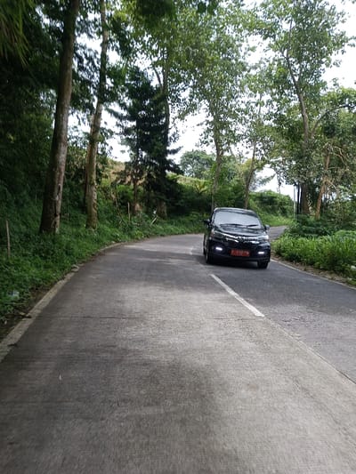 The image displays a paved, two-lane road with a gentle curve to the left, bordered by dense green vegetation and numerous tall trees. A black multi-purpose vehicle (MPV) with illuminated fog lights occupies the right side of the road, angled slightly towards the viewer as if navigating the curve. The vehicle's front license plate is visible, featuring a red background with white characters, reading "F 1321 MH". The sky is overcast, providing diffused daylight. No individuals or other vehicles are present in the scene. The immediate environment consists of a verdant, sloping terrain on both sides of the roadway. This scene is located in Ariyalai, Sri Lanka.