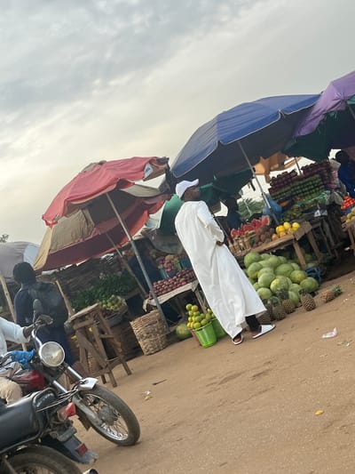 The image depicts an outdoor market scene in Galadimawa Village, Nigeria. A variety of fruits are displayed for sale, including watermelons, pineapples, oranges, and what appear to be onions or similar produce. The market is set up with wooden stalls and various colored umbrellas providing shade.
Several people are present. One individual is dressed in a white thobe and head covering, standing near a display of fruits. Another person is partially visible in a red garment. Further back, more individuals are seen around the stalls, suggesting active commerce. A motorcycle is parked in the foreground, indicating transportation for vendors or customers.
The time of day appears to be late afternoon or early evening, given the quality of light and the warm, earthy tones of the ground. The sky is overcast with some texture, suggesting a partly cloudy day. The setting is a dusty, unpaved market area.
The overall atmosphere seems bustling and typical of a local marketplace. There is no visible text in the image. The focus is on the vibrant display of produce and the daily activities of the people in the village.