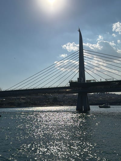 This image captures a view of the Halic Bridge in Beyoğlu, Turkey, on a sunny day. The foreground is dominated by the dark blue water of the Golden Horn, sparkling with reflections of the sun. A small white motorboat is visible in the middle ground, moving to the right. The bridge's distinctive tall, slender pylon and its network of cables stretch across the frame, silhouetted against a bright sky. The sun is high in the sky, creating a lens flare effect. In the background, the cityscape of Beyoğlu is discernible, with buildings and vegetation lining the shore. A single bird is flying in the upper left portion of the sky.