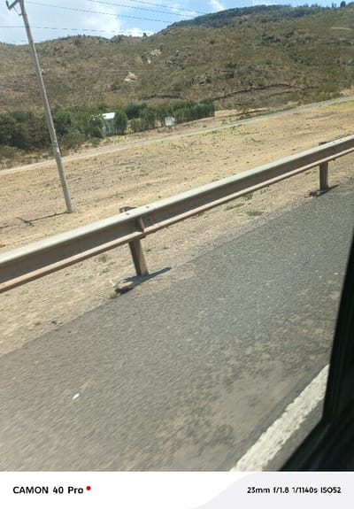 The image depicts an arid, rural landscape in Gilgil ward, Kenya, viewed from the interior of a moving vehicle through a window.

In the immediate foreground, a blurred gray asphalt road surface is visible, partially obscured on the right by a dark vertical element consistent with a window frame and a light-colored curb. Extending horizontally across the midground is a light-colored metal crash barrier (guardrail) supported by several brown posts, casting shadows onto the dry, light-brown ground beyond it.

Beyond the crash barrier, a narrower, unpaved dirt track runs parallel to the main road. A utility pole with power lines is positioned to the left of this track. Further back, nestled among green trees and shrubs, a small, white or light-colored rectangular building with a simple roof is visible. To its right, partially obscured by foliage, is another smaller, light-colored object or structure.

The background features a large, dry hill or mountain range, characterized by brown-green scrub vegetation and rocky outcrops. The sky above is light blue with sparse white clouds. No people, animals, actions, or interactions are discernible within the scene.