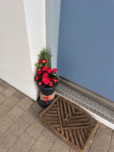 The image shows a potted plant with red flowers and greenery resting on a white ledge next to a blue surface, likely a door or wall. The pot is black with a decorative burlap band around it, tied with red string. To the right of the ledge is a metallic strip and a brown doormat, positioned on a paved surface. The doormat is rectangular with a woven pattern. The paving stones are grey and laid in a diagonal pattern. A small, light-colored worm is visible on the paving stones near the doormat. The lighting suggests it is daytime, and the weather appears to be clear. The scene is set outdoors, possibly at the entrance to a building. There is no visible text in the image.