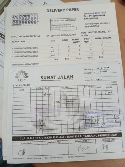 The image shows a delivery paper document with the heading “DELIVERY PAPER” on the top.  It lists the name of the company as “PT. BERKAH KARYA JAYA SENTOSA” and the delivery address is “KAWASAN INDUSTRI CANDI JL. GATOT SUBROTO BLOK BF NO.7 SEMARANG”. The document is dated “23-04-2025” with the delivery address “PT. SEMARANG GARMENT #2”. It details the order number “SG2-25-00318”,  the style as “ZMA1595-BCS MILITARY BLANK”, the part number “KBC24-B0070 SLEEVE” and the size  “4XL”, “XLT” and “4XLT”, with a total of 6 pcs. It also lists the quantity for each size as 3, 1 and 2. The document also details the size, the quantity as “Boo70” and the number of “Donwbag” as 1. The bottom section of the document shows the signatures of the people who have signed off on the delivery. The document is a delivery order for a clothing factory in the city of Semarang, Indonesia.