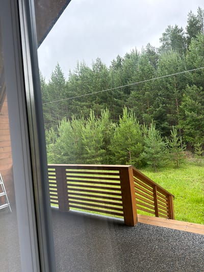 An exterior shot captures a wooden deck and railing with a forest of pine trees in the background. The deck is made of dark, speckled material, and the railing is constructed of horizontal wooden slats. The trees appear dense and are set against an overcast sky. The image was taken from inside a building, looking out through a window frame. There are no people visible in the scene.