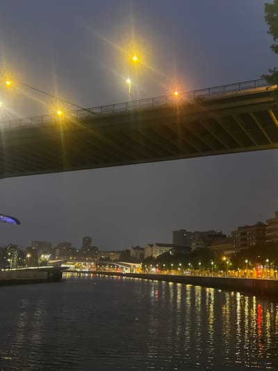 The image depicts a nighttime scene of the city of Bilbao, Spain, likely captured from a vantage point near the Nervión River. A large bridge dominates the upper portion of the frame, its underside showing structural beams. Streetlights with a distinct yellow glow line the embankment along the river, casting elongated reflections on the water's surface. The city skyline is visible in the background, with buildings illuminated by interior and exterior lights. The sky is dark and appears slightly hazy. The overall atmosphere is urban and serene, illuminated by artificial light sources against the twilight.