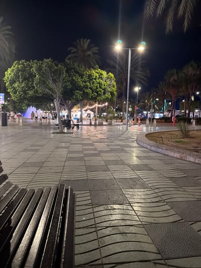 This is a nighttime, low-angle, landscape orientation photograph taken in Sant Antoni de Portmany, Spain. The image depicts a well-lit promenade or walkway at night. The foreground is dominated by a textured tiled pathway with a repeating pattern of grey square tiles and curved lines, reflecting the artificial light. To the right, a portion of a dark, slatted bench is visible.

The midground features a tree with lush green foliage, illuminated from below, casting shadows. Beyond the tree, the promenade extends into the distance, lined with streetlights, palm trees, and various stalls or kiosks, suggesting a vibrant public space, possibly a market or festival. A fountain with colored lights is visible further down the promenade, and several people are walking or gathered, some appearing to be queuing or interacting. The lighting suggests it is a clear night. The overall mood is lively and inviting, with a sense of community gathering and activity.

In the background, palm trees are prominent, characteristic of a Mediterranean coastal location. The presence of numerous lights, including strings of decorative bulbs, further enhances the festive atmosphere. The scene conveys a sense of an active evening outdoors, likely a tourist or local gathering. No visible text is discernible in the image.