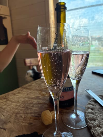 The image depicts a close-up view of two champagne glasses filled with pink champagne. Both glasses bear the "MOËT & CHANDON CHAMPAGNE" label. A bottle of champagne, also labeled "MOËT & CHANDON," is positioned behind the glasses. A cork from the bottle is visible on a wooden surface in the foreground. In the background, a person's arm is partially visible, and a small black and white animal, possibly a cat, is seated on a chair. The scene appears to be indoors, with natural light coming from a window in the background, suggesting a daytime setting. The overall impression is one of a celebratory occasion.