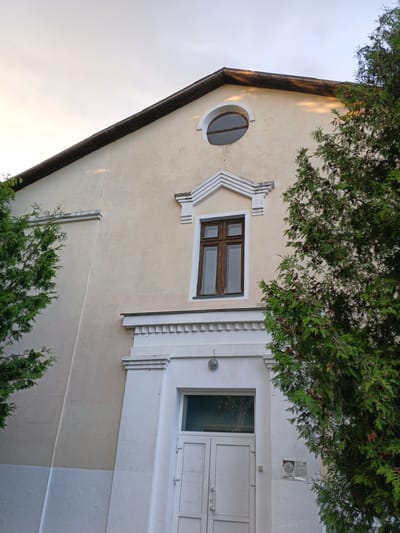 The image shows the exterior of a building in Baranavichy, Belarus. The building has a light beige facade with white trim and decorative elements. There is a large, white double door at ground level, with a small, square window to the left of the door. Above the door is a tall, rectangular window with a wooden frame and multiple panes. Higher up on the facade, near the apex of the roof, is a small, oval window. The roof is dark and slopes downwards from the center. Two large evergreen trees flank the building, with one tree partially obscuring the right side of the facade. The sky above is a pale, overcast gray. The overall impression is of a somewhat dated, but well-maintained building.