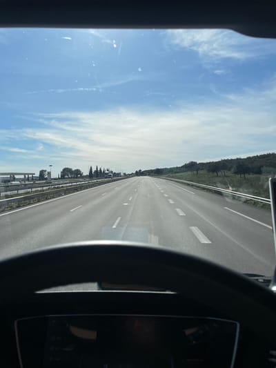 The image captures a driver's perspective from within a vehicle traveling on a multi-lane highway in Tavel, France. In the immediate foreground, the top section of a black steering wheel is visible, with a partially obscured digital dashboard screen below it. The view through the windshield shows a multi-lane asphalt road extending straight towards the horizon under a bright blue sky with scattered white clouds. White dashed lane markings are present on the asphalt surface. To the left of the highway, a metal crash barrier runs parallel to the road, beyond which a gas station facility is visible, comprising multiple fuel pumps under a canopy and an adjacent building. A line of tall, slender trees borders this area. To the right of the highway, another metal crash barrier separates the road from a grassy embankment sloping upwards, populated with scattered trees. No other vehicles or individuals are explicitly visible within the frame. The scene is illuminated by clear daylight.