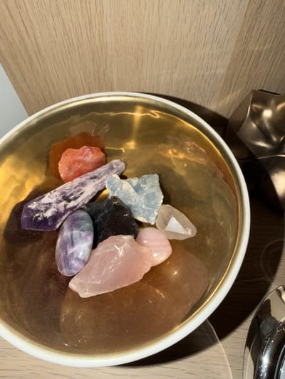 A close-up, high-angle shot shows a collection of various polished and raw crystals arranged in a golden, rimmed bowl. The bowl, with a white exterior edge, sits on a light brown wooden surface. Among the crystals are pieces of purple amethyst, light blue celestite, clear quartz, pale pink rose quartz, black tourmaline, and a reddish-orange carnelian. A portion of a metallic, sculptural object is visible to the right of the bowl. The background consists of a light brown wooden paneling. There is no indication of the location being in Boca Raton, United States of America.