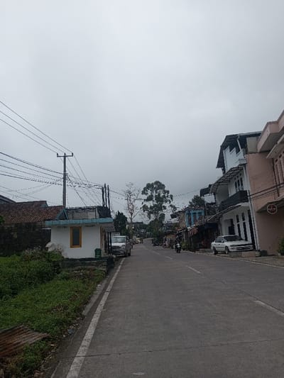 A street scene on an overcast day shows a paved road curving slightly uphill. Buildings line either side, a mix of residential and commercial structures. Utility poles and wires crisscross the sky. A white car is parked on the right. On the left, a small white building with a blue roof sits amidst overgrown vegetation. A silver van is parked further down the street. A motorcycle rider travels along the street.