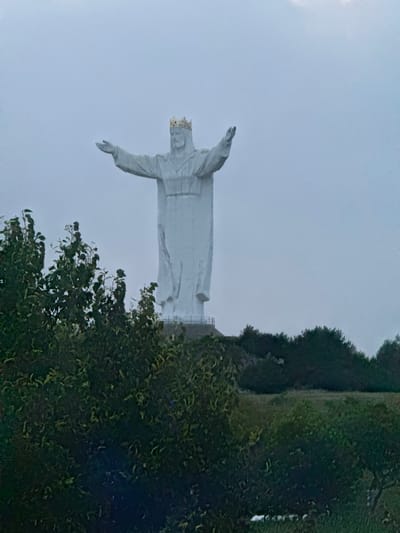 A monumental white statue of Jesus Christ, wearing a golden crown and with arms outstretched, stands prominently on a hill against a hazy, overcast sky. The statue is situated in the city of Świebodzin, Poland. In the foreground, lush green trees and foliage partially obscure the lower portion of the statue and the landscape. The base of the statue is visible, appearing to be on a raised platform, and a small railing can be seen along the edge. The surrounding area appears to be a hilly terrain with more trees in the distance. The overall atmosphere is subdued due to the cloudy weather.