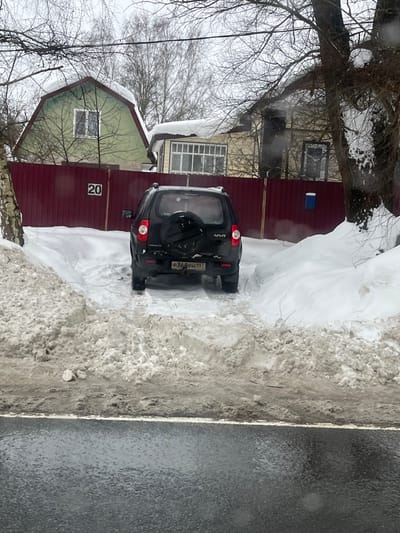 The scene depicts a residential street in Podvyaznovo, Russia, under overcast winter conditions. In the foreground, a wet, dark asphalt road is visible, bordered by a faint white lane marking. To the right of the road, a substantial, dirty snowbank, approximately one meter high, runs parallel to the asphalt.
A black Lada Niva SUV, bearing Russian license plate P368YM 197, is parked in a cleared driveway, facing away from the viewer. The vehicle has a spare tire mounted on its rear hatch. The driveway is a narrow cut through the deep snow, flanked by snowbanks rising to approximately 1.5 to 2 meters in height.
Behind the vehicle, a dark red corrugated metal fence serves as a property boundary. The house number "20" is affixed to this fence. Beyond the fence, two houses are visible. The house to the left is light green with a steep, A-frame-style roof heavily covered in snow, featuring a single white-framed window on its upper facade. The house to the right is beige or light yellow, partially obscured by bare tree branches, also with snow on its roofline and visible windows. A small blue mailbox is attached to the red fence near the right-side house. The background is filled with numerous bare deciduous trees and branches, some retaining patches of snow. No people are visible in the scene.