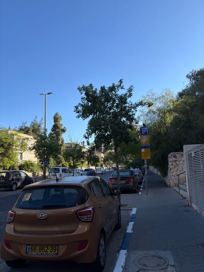 The image shows a street scene in Jerusalem, Israel, with cars parked along a sidewalk. A brown Hyundai i10 is parked closest to the viewer, with the license plate number 66:862-39 visible. A sticker on the rear window reads "BRING THEM HOME NOW". Several other cars are parked behind it, including a dark gray car with the partial license plate 518-74. A parking sign indicates paid parking is required for the zone. A streetlight pole is visible in the background. Buildings and trees line the street. The sky is clear and blue.