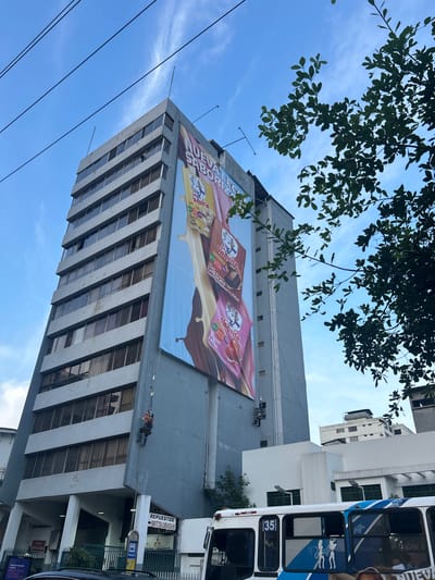 An eye-level shot captures a tall, gray urban building under a clear blue sky with wispy clouds, indicative of a bright daytime in Guayaquil, Ecuador. A large billboard-style banner, advertising "Vaquita" brand milk products, dominates the upper section of the building. The banner prominently features three flavors: "VAINILLA," "CHOCOLATE 200ml," and "FRESA 200ml," with milk pouring from the cartons, alongside text like "NUEVA SABORIZZ" and "HERRE Uremada."

Two individuals, possibly maintenance workers or installers, are visible on the building's facade, suspended by ropes or harnesses, appearing to work on the banner or building exterior.

In the foreground, lush green leaves from an overhead tree partially obscure the top of the image. A white and blue bus, marked with the number "35," is partially visible on the right, suggesting a public transport route. Utility lines stretch across the mid-ground.

At street level, various signs are visible, including "REPUESTOS ➡MITSUBISHI" and a yellow "PARADA" (bus stop) sign, along with "COPLAS IMPRESIONES" and a phone number "0984463270". The scene depicts a busy daytime urban environment.