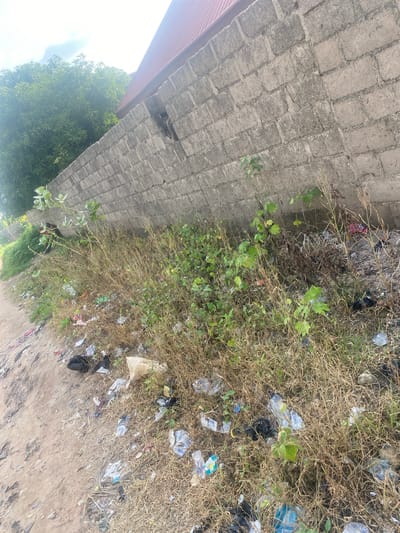 This is an outdoor, eye-level shot of a dirty alleyway or roadside area in Kuson, Nigeria. A rough, grey cinder block wall, weathered and with visible patches of repair, runs diagonally across the upper portion of the frame. A red-tiled roof is visible above the wall. The ground is mostly unpaved dirt, with a significant amount of litter strewn across it and tangled in the dry, overgrown weeds and sparse green vegetation growing along the base of the wall. The litter includes plastic bottles, bags, wrappers, and other debris. In the mid-ground, a person wearing a red top and dark trousers is hunched over, appearing to rummage through the vegetation or litter near the wall. The sky is bright and overcast, with some lens flare visible in the upper left quadrant. The overall impression is one of neglect and a lack of sanitation.