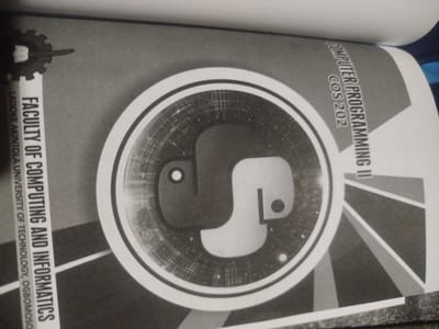 The image displays the cover of a book titled "COMPUTER PROGRAMMING II COS 202." The cover features a prominent circular emblem with the Python programming language logo at its center. Text on the left side of the cover reads "FACULTY OF COMPUTING AND INFORMATICS Ladoke Akintola University of Technology, Ogbomosho." The background of the cover is a grayscale pattern with radiating lines and a gear-like graphic at the top left. The book appears to be a course material for students at Ladoke Akintola University of Technology, located in Ogbomosho, Nigeria.