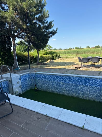 This image depicts a backyard scene with an empty swimming pool, partially filled with green, stagnant water. The pool is lined with blue mosaic tiles. A white pool filter system and a ladder are visible on the left side of the pool. A green hose is connected to a submersible pump inside the pool. The area surrounding the pool is paved with wooden decking and concrete. In the background, there are trees, a grassy lawn with some mown hay, and a field of tall grass or reeds. A table with four chairs is set up on the decking. The sky is clear and blue. The scene appears to be in a residential area, likely a private garden. Without further information, the specific location within Balchik, Bulgaria cannot be determined from the image alone.