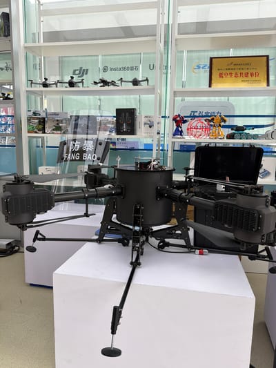 In the Futian District of China, a large, black drone with multiple rotors is displayed prominently on a white pedestal. The drone features a central cylindrical body and four extended arms, each equipped with a rotor assembly. A clear shield with the Chinese characters "防暴 FANG BAO" is positioned in front of the drone. Behind the drone, a black case is visible. The drone is housed in a brightly lit exhibition space with white shelving units. These shelves display various smaller drones, toy robots resembling Optimus Prime and Bumblebee, and other electronic devices. A gold plaque is mounted on the wall behind the shelves, indicating an award or recognition for "低空生态共建单位" (Low Altitude Ecological Co-construction Unit). The environment appears to be a commercial or exhibition setting, possibly a drone or technology store, given the variety of products on display.